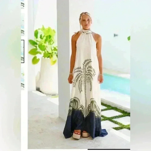 NWT Chicways Halter Breezy Boho Maxi Vacay Ready Green & Cream Palms. Size L. - Picture 1 of 10